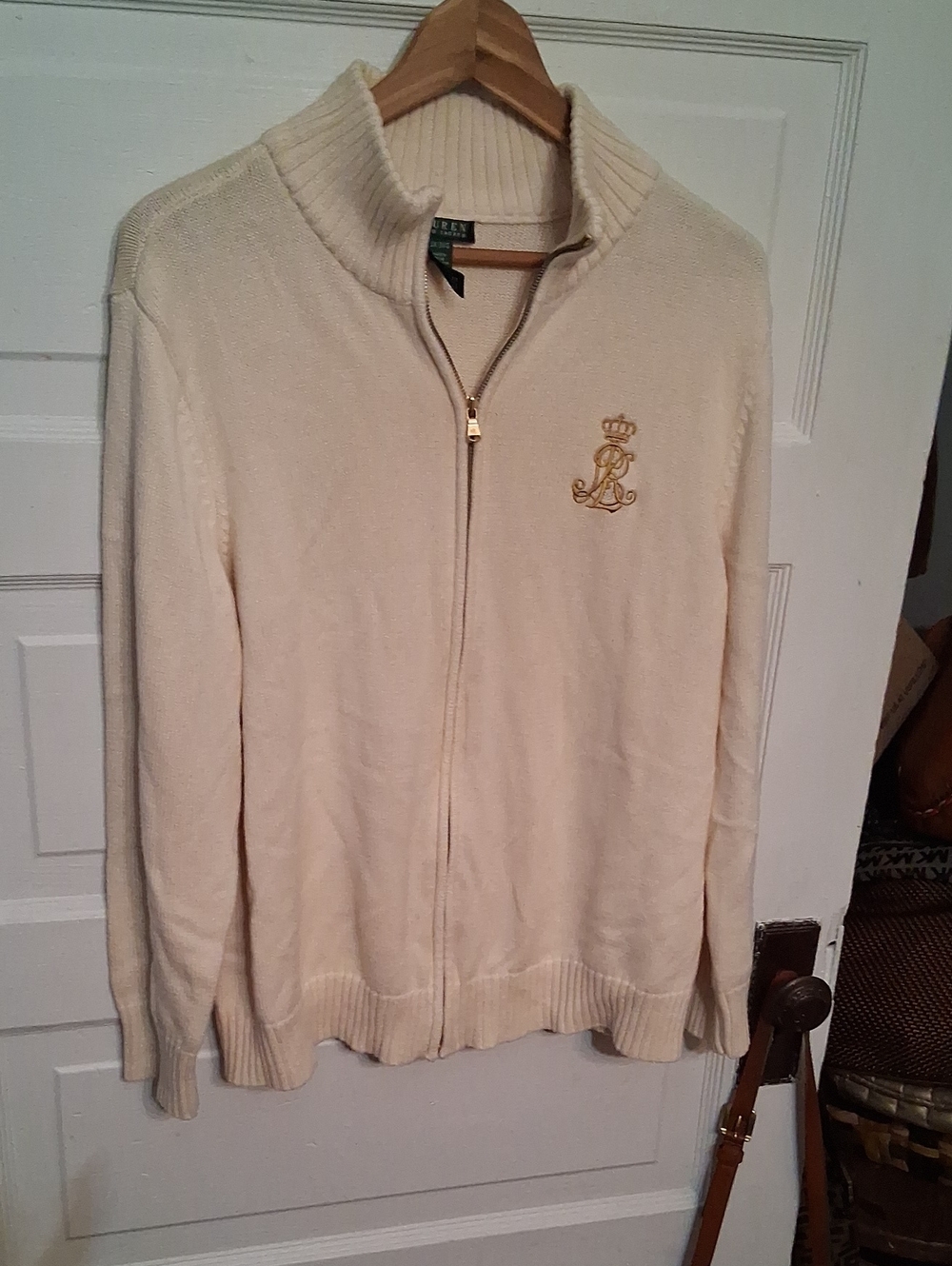 Lauren Ralph Lauren Cream Zip-Up Sweater with Gold Crest